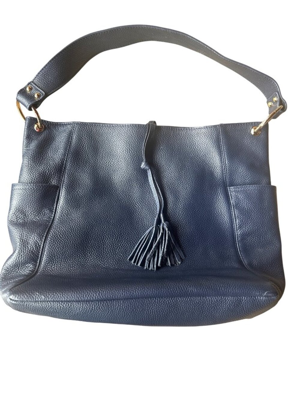 LAGGO Navy Pebbled Leather Hobo Shoulder Bag Gold Tone Hardware Tassel Tote - Picture 2 of 12